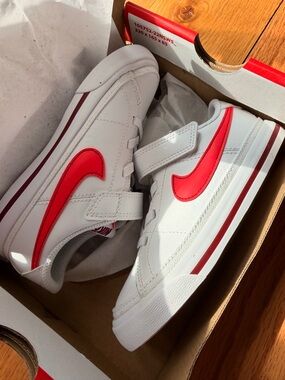 Nike Kids White Sneakers with Red Swoosh Velcro